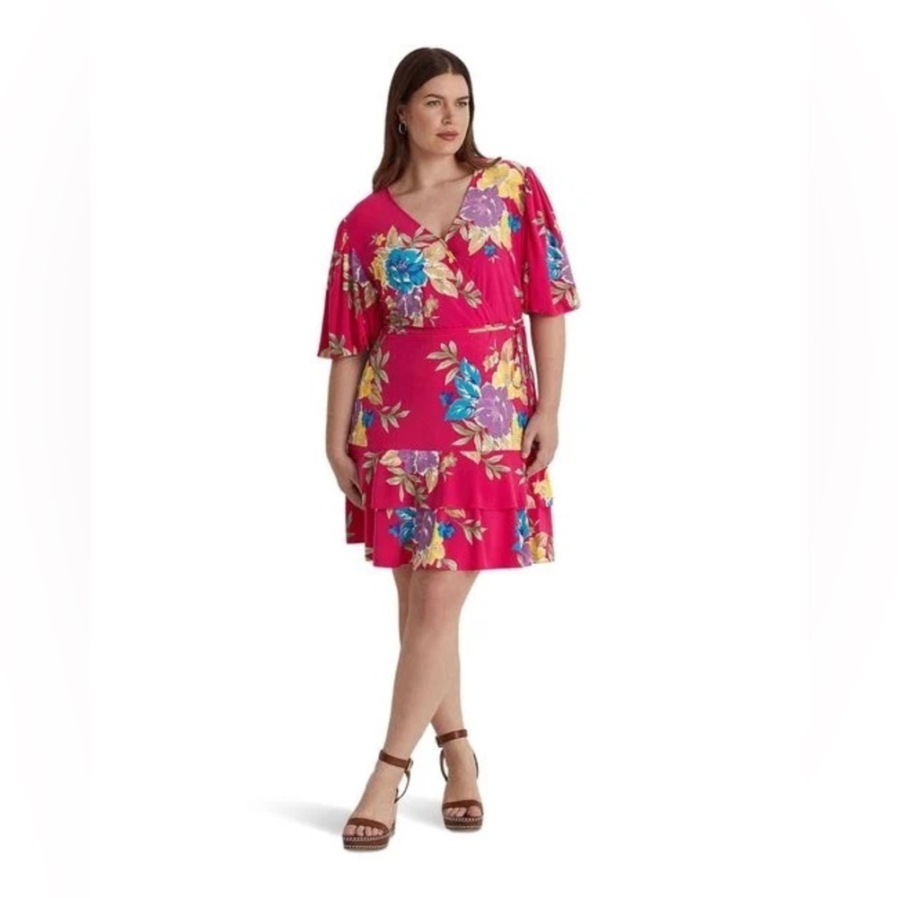 LAUREN RALPH LAUREN Valayna 3/4 Sleeve Day Dress Pink Floral Size 16 Faux Wrap